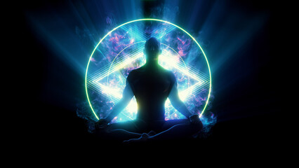 A silhouetted figure sat in a mediation lotus pose, surrounded with pulsating flowing light energy.