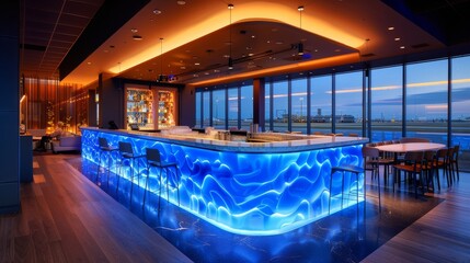 Fototapeta premium A sleek bar interior design featuring a unique, abstract blue light pattern under a bar counter