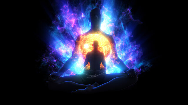 A silhouetted figure sat in a mediation lotus pose, surrounded with pulsating flowing light energy.