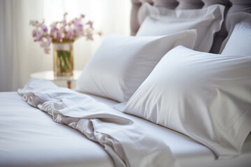 Bed with white silk luxury bed linen and pillows, bouquet in a vase on the background.