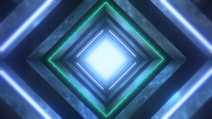 Inside an endless Sci-Fi style dark tunnel of square stone extrusions lit and edged with neon strip...