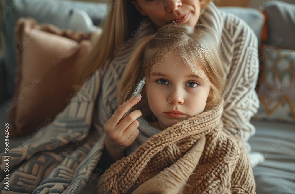 Wall mural A mother is sitting on the sofa with her daughter, who has an alcohol display and she appears sick or ill as they both have colds in their eyes