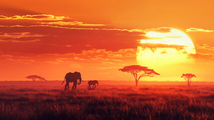 silhouette of African wildlives in sunset 