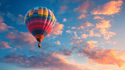 Fototapeta premium A colorful hot air balloon soaring against the backdrop of a dawn sky, bathed in warm morning light.