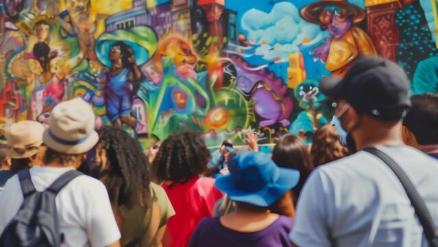 A diverse crowd gathered to admire a vibrant street mural filled with colorful characters and intricate designs. The scene captures the essence of urban culture and community engagement.	