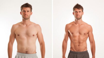 Man's Transformation: Before and After Weight Loss Pose - Diet, Healthy Nutrition, Fitness Results, and Getting Fit. Liposuction and Plastic Surgery, From Overweight to Slim Athlete. Training Journey