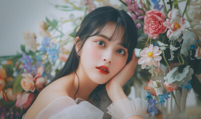 花に囲まれた女性