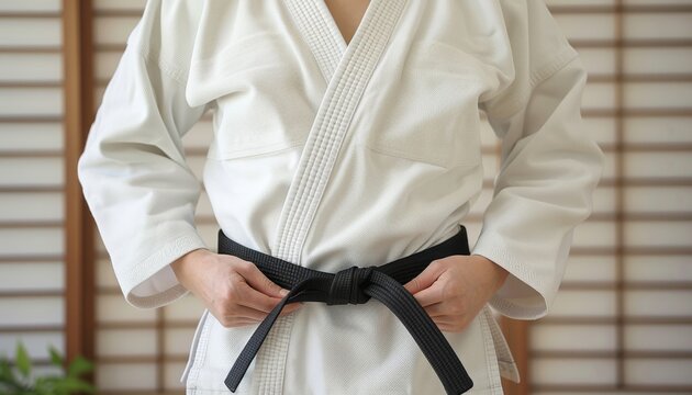 Symbolic black belt fastened at waist signifying dedication and achievement in summer olympics sport - Powered by Adobe