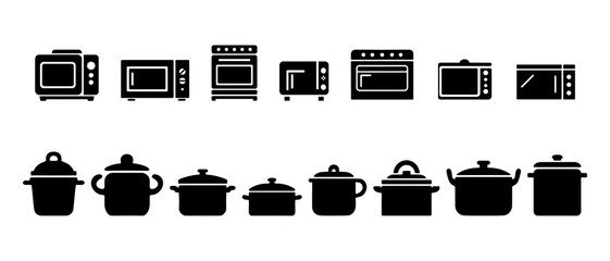 Kitchen pots and oven silhouette black filled vector Illustration icon