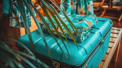 Blue suitcase with tropical shirts, surrounded by palm leaves, ready for a tropical vacation. Vibrant travel essentials in warm light.