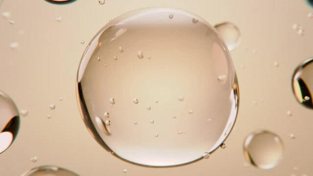 Concept health, beauty. Cosmetics golden serum liquid bubbles. Moisturizer essence gel. Collagen fluid bubble molecule. Moisturizing cream or oil for personal health care and beauty skin. 3d render