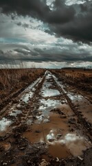 Fototapeta premium Muddy dirt road through rural field under dark storm clouds, dramatic weather concept