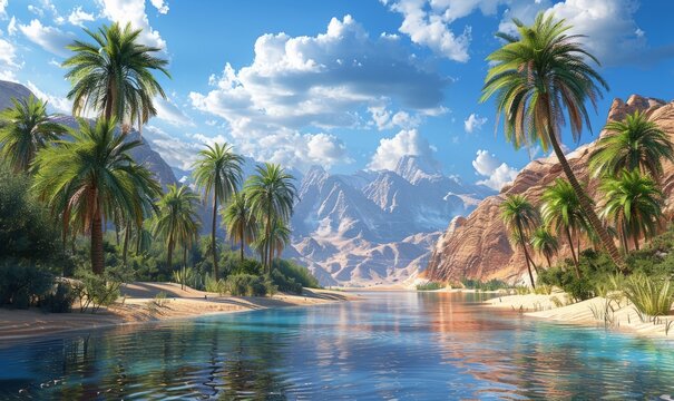 Desert oasis with palm trees