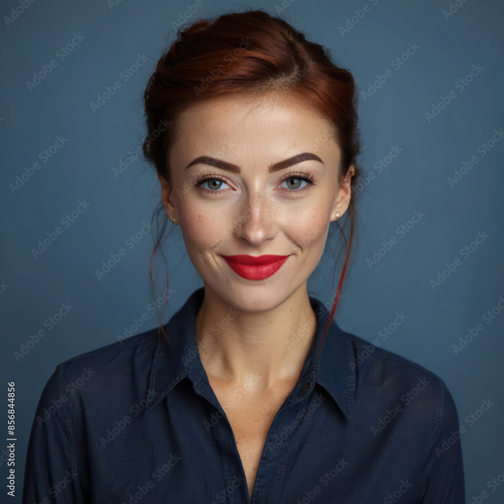 Poster brunette woman with red lipstick in navy blue shirt