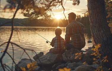 Back view of father and son fishing at the lake, family life on summer vacation