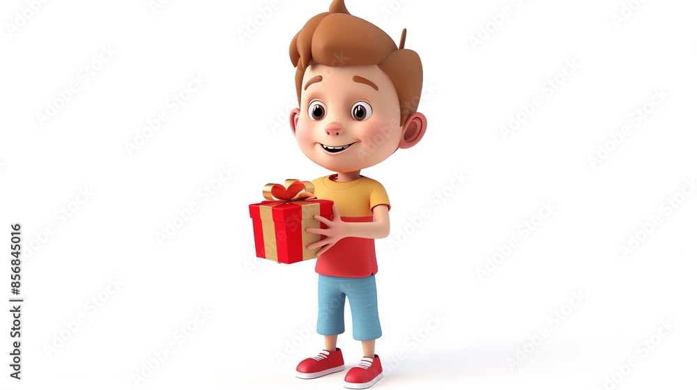 Canvas Prints Happy cartoon boy holding a present.