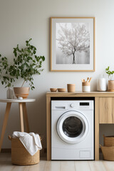 Interior of modern laundry room with washing machine, plants and accessories