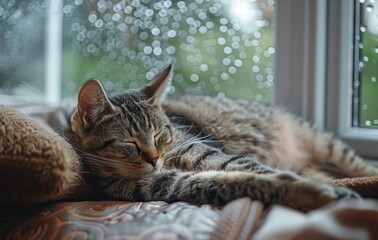 Kitten sleeping in the rainy room