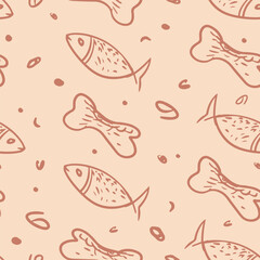Pattern with pet food on beige background, seamless, drawing, engraving, decor for packaging paper, textile, cover, fabric, wallpaper, backdrop, vector