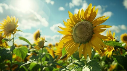 Bright sunflowers under a clear blue sky in a sunny field. Vibrant nature and summer beauty, showcasing blooming flowers and green leaves.