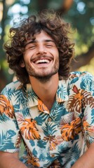 A man with curly hair smiles outdoors