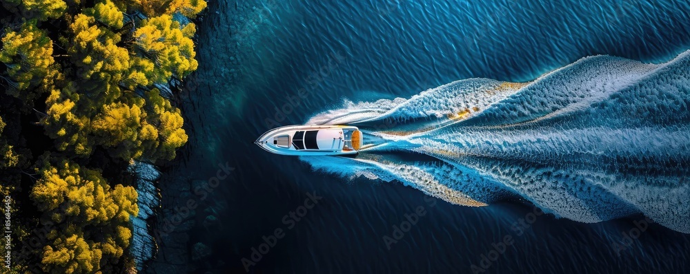 Wall mural Aerial view of a yacht cruising through clear blue waters beside lush green vegetation, leaving a beautiful wake behind. - Wall murals