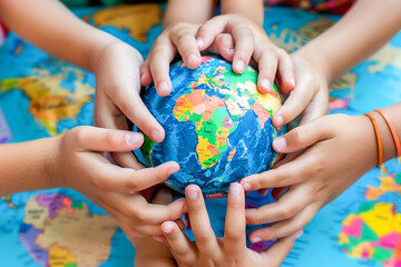 Children hands holding a globe