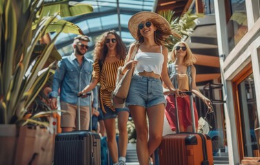 A group of young people traveling with suitcases