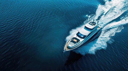 Fototapeta premium A top-down view of a luxury yacht cruising through the ocean, leaving a trail in its wake. Ideal for travel and marine-themed projects.