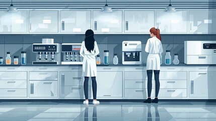 Fototapeta premium Laboratory interior, equipment and lab glassware, Chemical laboratory analysis laboratory analysis women laboratory assistant, medical microbiology vector concept. Laboratory set flat vector modern