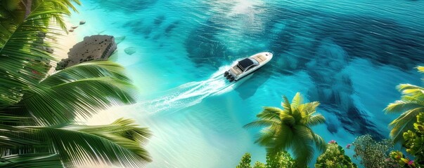 Aerial view of a boat cruising through turquoise waters surrounded by lush green tropical trees and a white sandy beach.