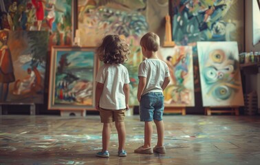 Back view of two children standing in the studio, children painting in the studio
