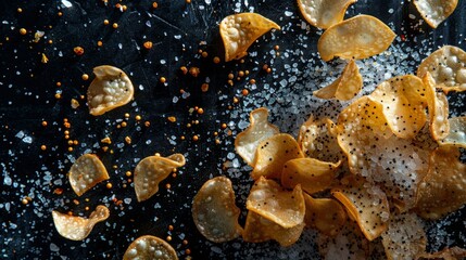 Fototapeta premium Tapioca chip slices spin and flip dramatically, showered in sparkling salt crystals and bold black pepper flecks, all set against a sleek, dark slate background.