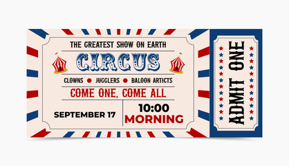 Vintage circus ticket with bright red tents on a white background. vector illustration.  © Oleh