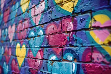 Fototapeta premium A vibrant and playful brick wall with hand-painted hearts, perfect for decorating a room or creating a fun atmosphere