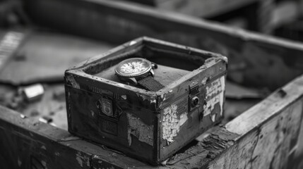 Obraz premium A motheaten watch box with remnants of velvet lining and a faded logo. Black and white art