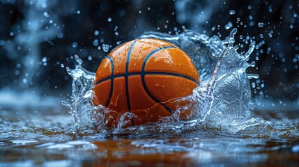 Dynamic close-up of a basketball splashing into water on a reflective surface, highlighting the energy and movement associated with sports