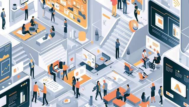 Vector illustration of a group of individuals surrounding a computer monitor