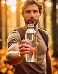 A Hiker In The Forest Drink From a Reusable Water Bottle