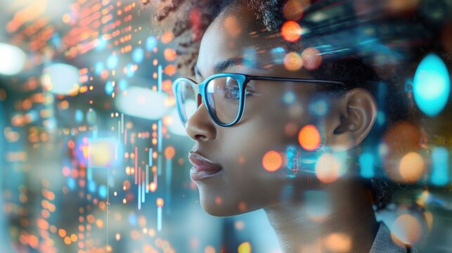 Business woman in eyeglasses with technology background