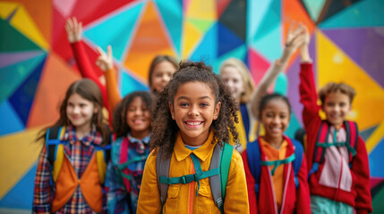 Fototapeta premium Diverse school student exchanging culture, education and international programs, group of kids looking at camera