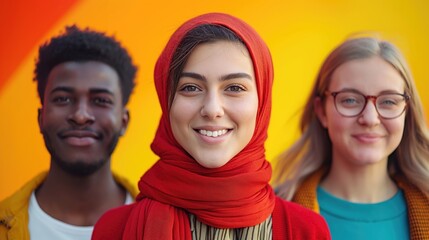 Diverse student exchanging culture, education and international programs, group of three young people looking at camera 