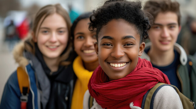 Diverse student exchanging culture, education and international programs, group of young people looking at camera