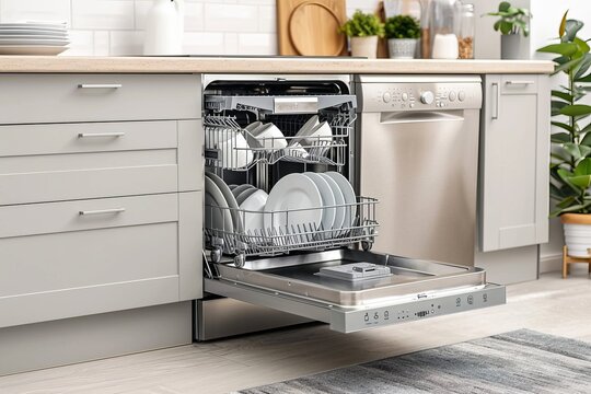 Partially open dishwasher revealing the inside, offering a peek into its contents