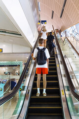 Escalator and staircase in Dubai metro underground subway station.
