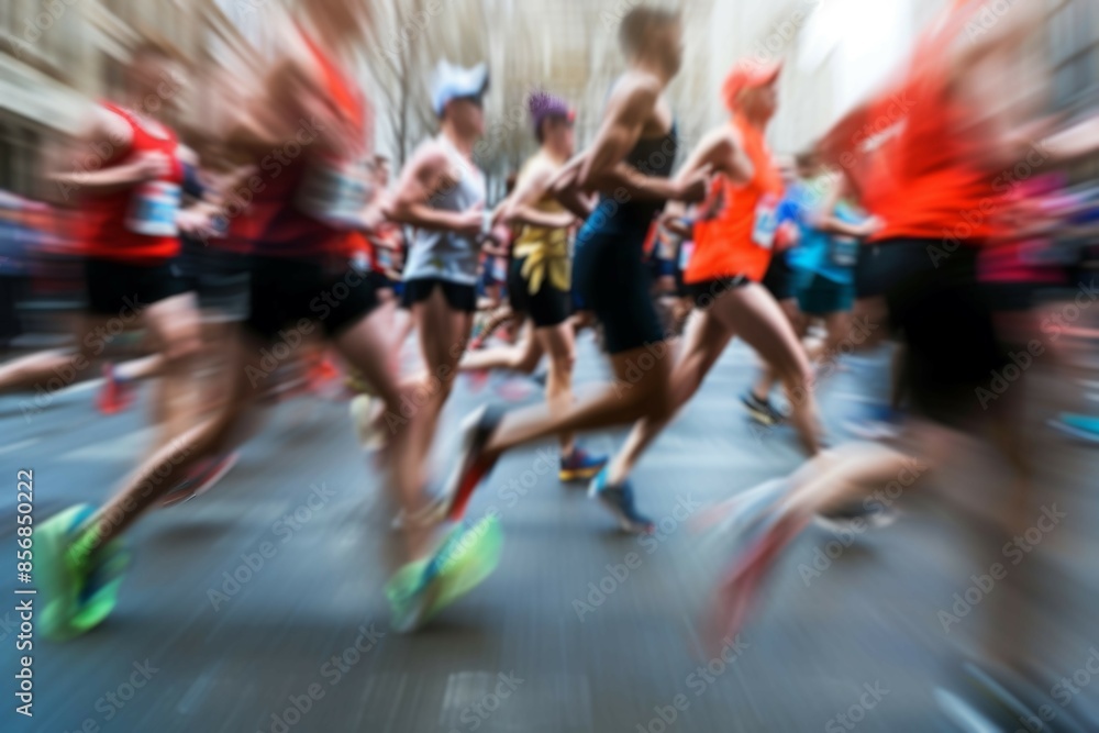 Wall mural Blurred Action Of Marathon Runners On City Street