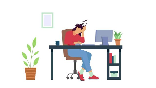Suffering from neck pain and headache due bad posture animated video, employee struggling with a workload footage, lady facing Post-Lunch Dip Clip, Unhealthy woman suffer from migraine animation