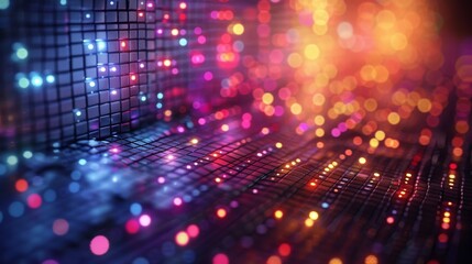 Fototapeta premium An abstract image with a close-up of a grid, showcasing vibrant bokeh light effects simulating technology