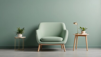Light green color wooden chair mockup isolated on a muted green color theme background, wooden green chair interior design