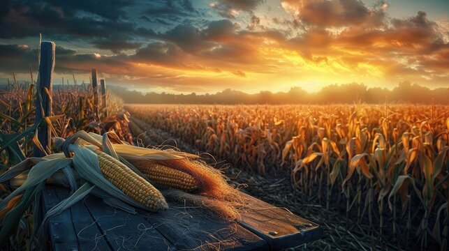 Golden cornfield at sunset with freshly harvested corn on a wooden table, showcasing the beauty of rural agriculture.